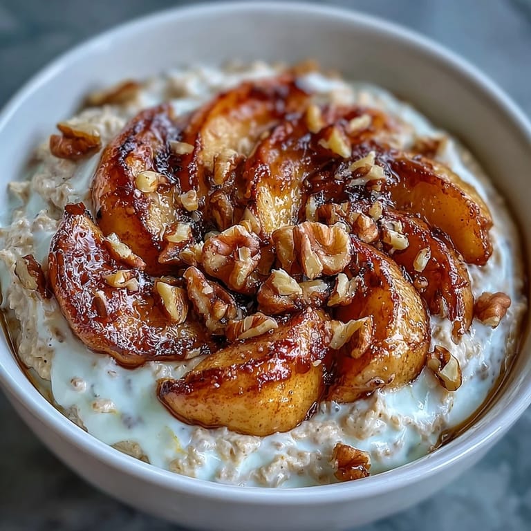 Velvety Greek yogurt oats layered with caramelized cinnamon apples and nutty walnuts for a satisfying start.