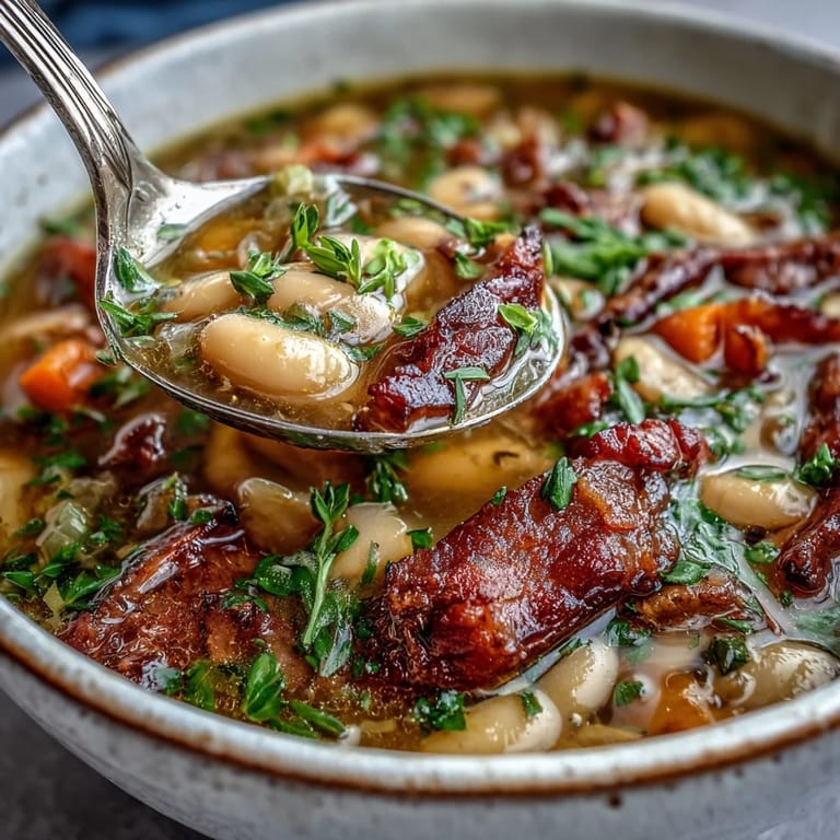Slow-cooked ham and Great Northern bean soup with aromatic vegetables, served in a rustic bowl for a comforting, hearty meal.