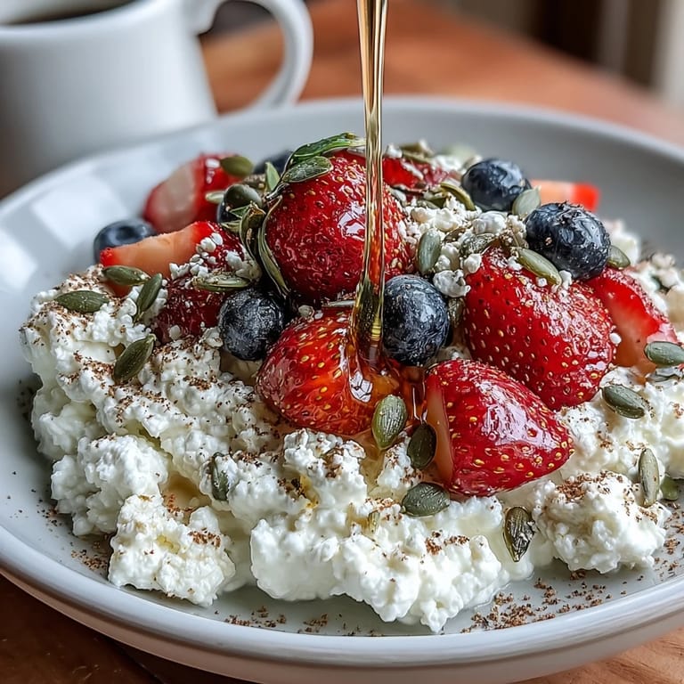 Creamy cottage cheese layered with vibrant mixed berries and a sprinkle of flax and pumpkin seeds in a nourishing bowl.  