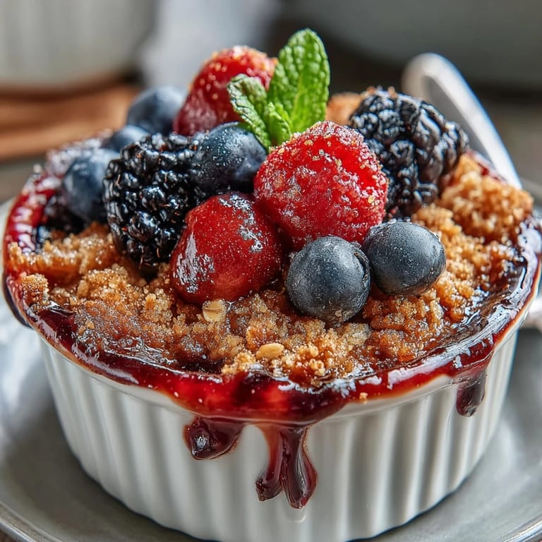 Warm berry crumble with a crisp oat topping, bubbling and golden, served in individual ramekins for cozy enjoyment.