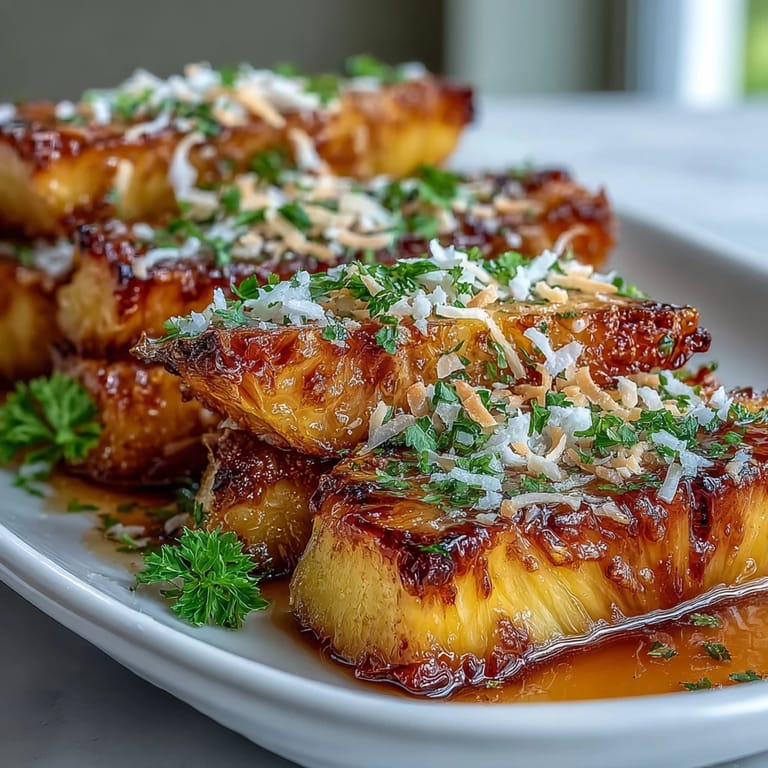 Warm roasted pineapple wedges glazed in honey and lime, topped with golden toasted coconut for a luscious dessert.