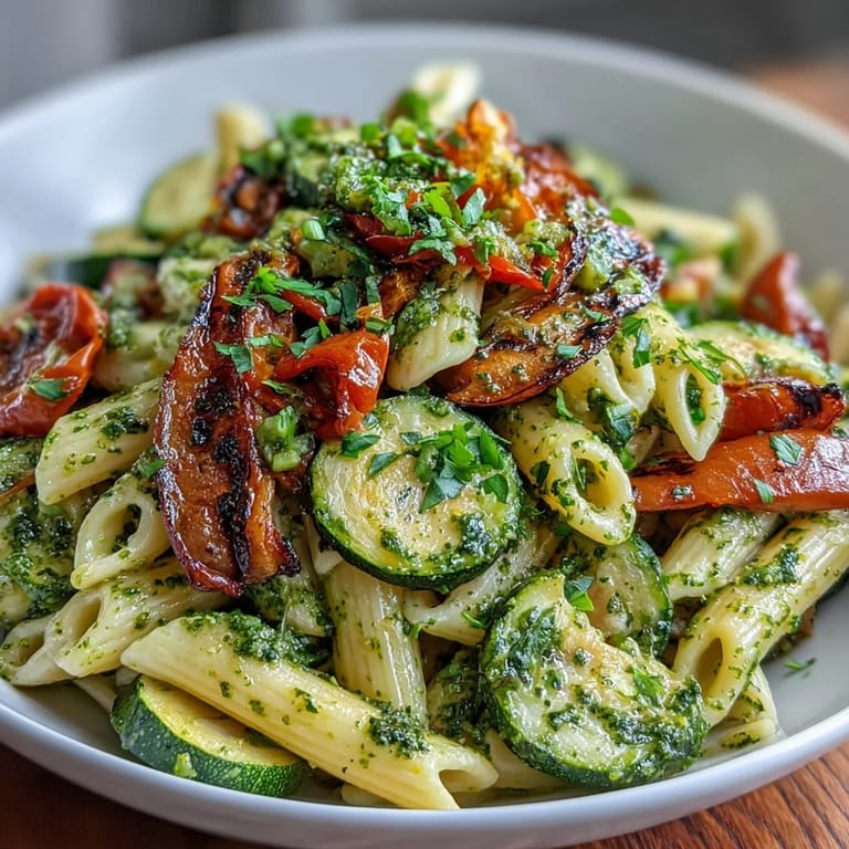 Colorful roasted vegetables and cherry tomatoes tossed with penne pasta and basil pesto, garnished with fresh herbs.  
