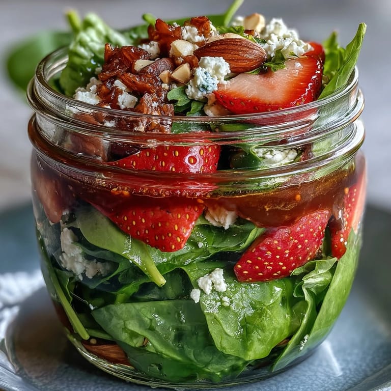 Colorful strawberry spinach salad in a mason jar, featuring sweet strawberries, tender greens, tangy balsamic dressing, and toasted nuts — ideal for quick, nutritious lunches on the go.