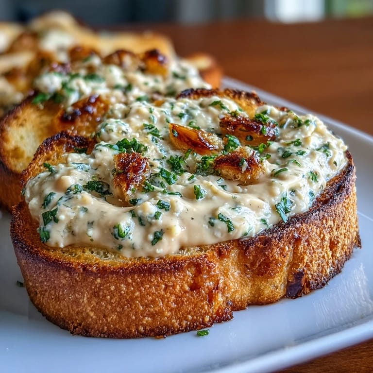 Savory white bean and roasted garlic mixture served on toasted sourdough bread, drizzled with olive oil and fresh herbs.
