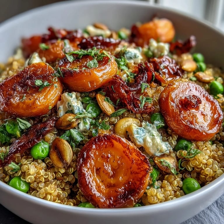 Colorful quinoa bowl topped with caramelized roasted carrots, green peas, and fresh parsley.