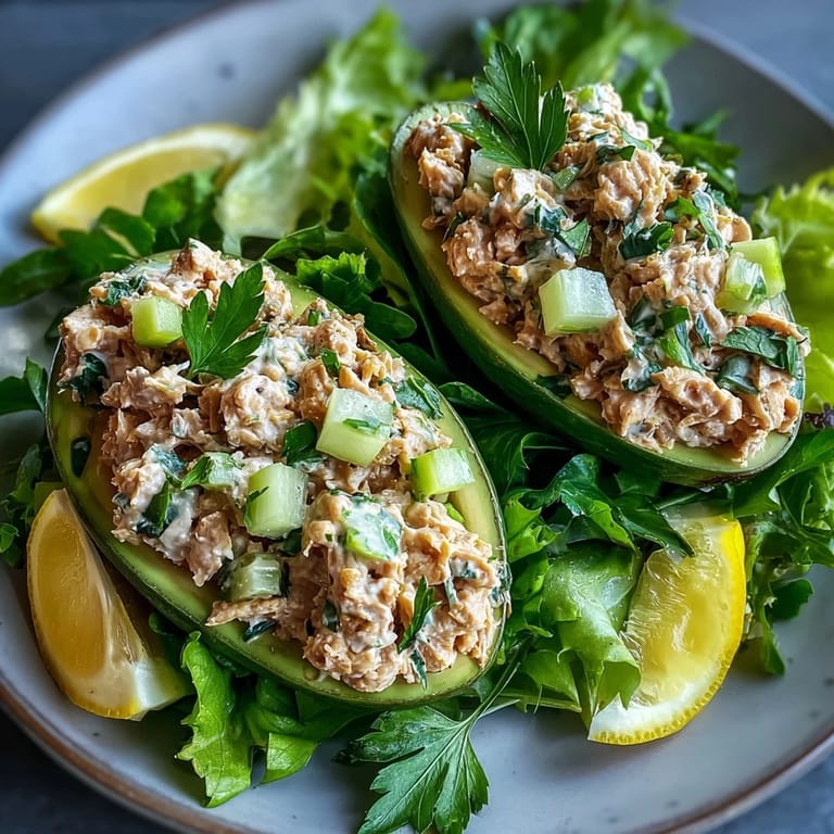 Vegan chickpea tuna salad generously stuffed into ripe avocado halves, served on mixed greens.