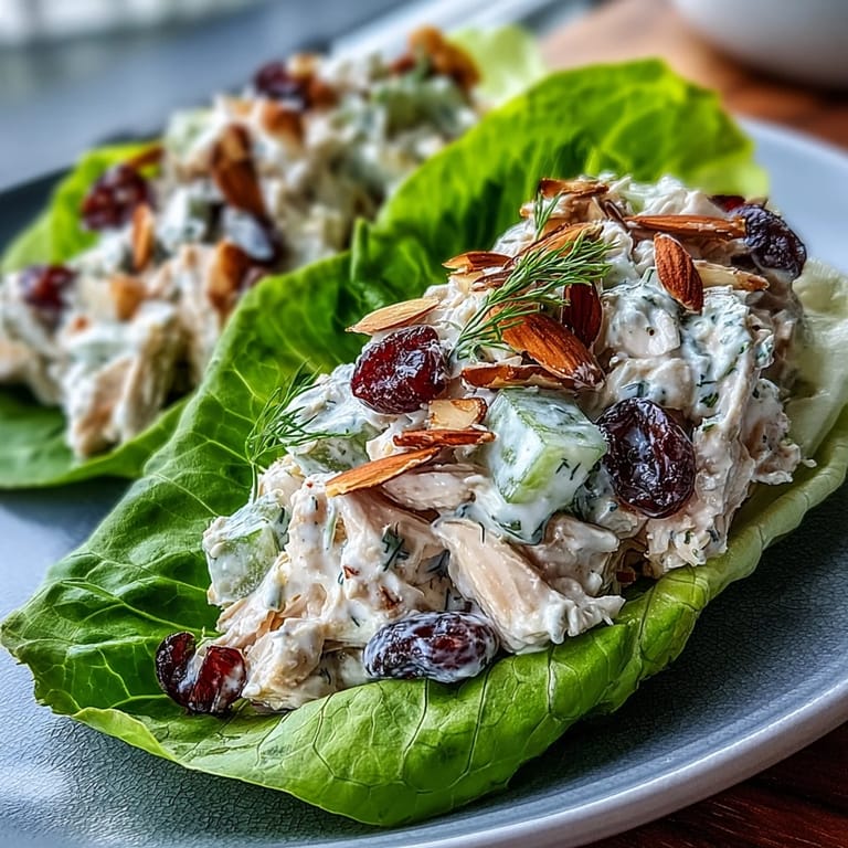 Healthy Greek yogurt chicken salad lettuce wraps topped with herbs and served for a light lunch.