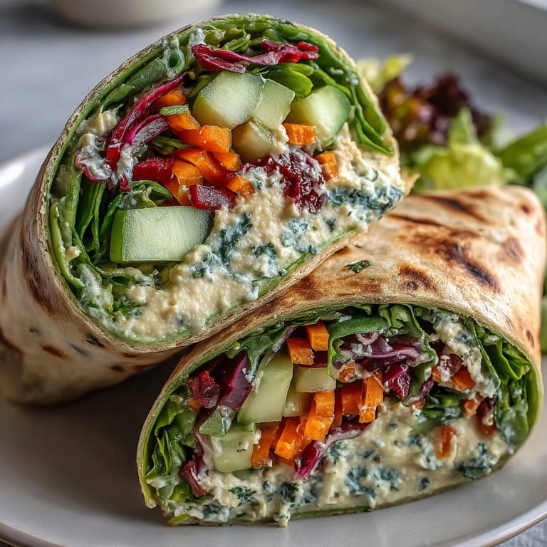 Fresh and crisp spring vegetable and hummus wraps rolled in spinach tortillas, perfect for a quick, nutritious lunch or snack.  