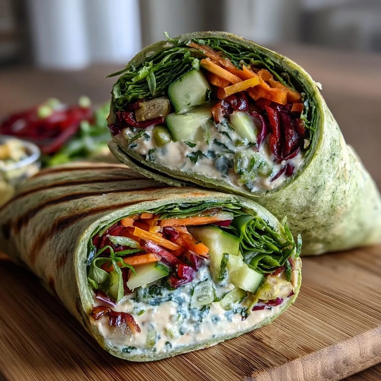 Bright and wholesome spring vegetable and hummus wraps with spinach tortillas, filled with crunchy veggies and creamy hummus for a satisfying bite.