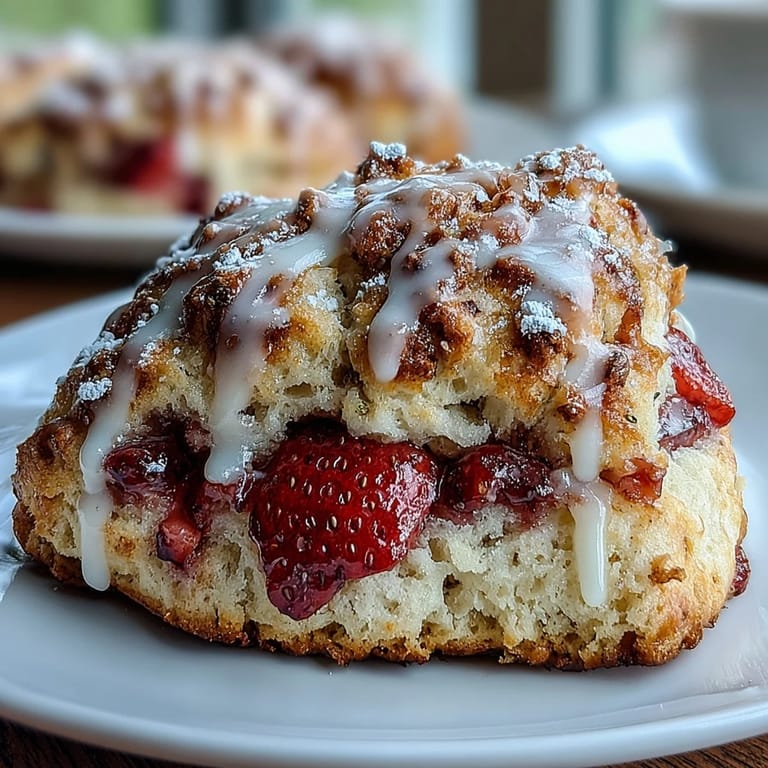 Fresh strawberry scones with lemon glaze, served with a side of mixed berries for a bright, fruity breakfast.