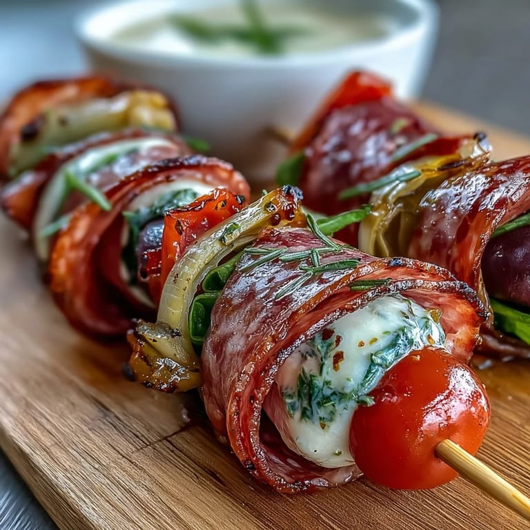 Italian Sub Skewers with Creamy Aioli: handheld antipasto skewers featuring salami, ham, mortadella, and fresh produce, served alongside zesty homemade aioli.