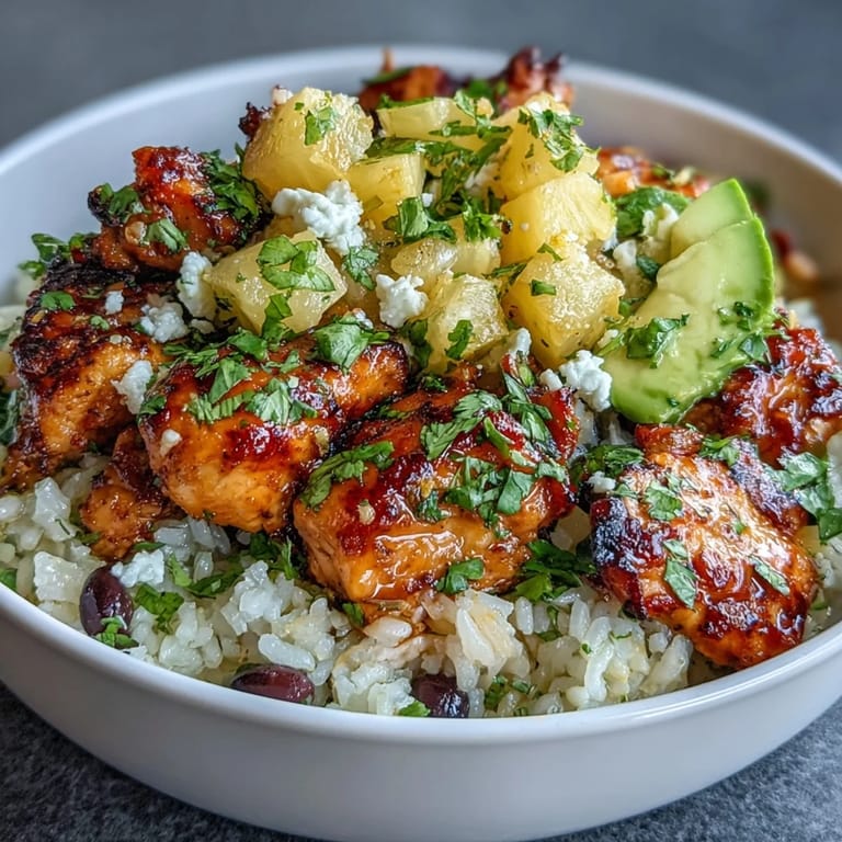 2. Vibrant tropical taco bowls loaded with tender chicken, sweet pineapple salsa, and fluffy coconut rice, garnished with avocado and lime.