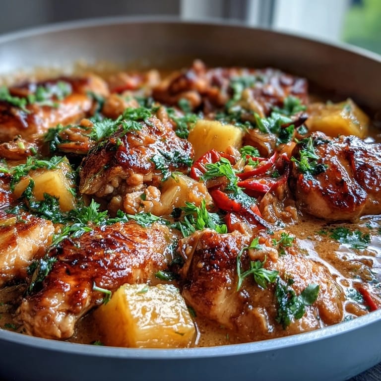 Rich and aromatic chicken pineapple coconut curry served over fluffy jasmine rice, garnished with fresh cilantro and lime wedges for a burst of flavor.  