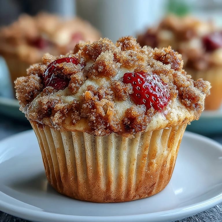 Warm strawberry muffins with a sweet, buttery crumble topping, showcasing fresh berries and a tender crumb.