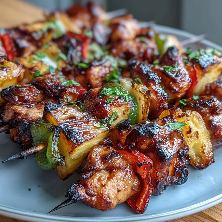 Colorful chicken pineapple skewers with sweet pineapple and crisp bell peppers, marinated and grilled to perfection.