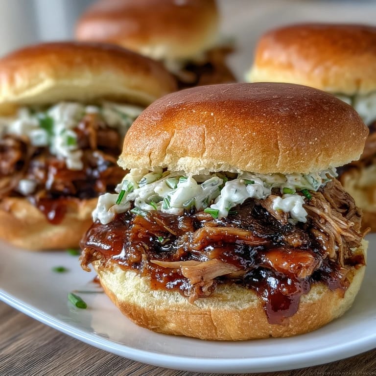 Juicy pulled pork simmered in smoky barbecue sauce, piled high on soft slider buns with creamy coleslaw.