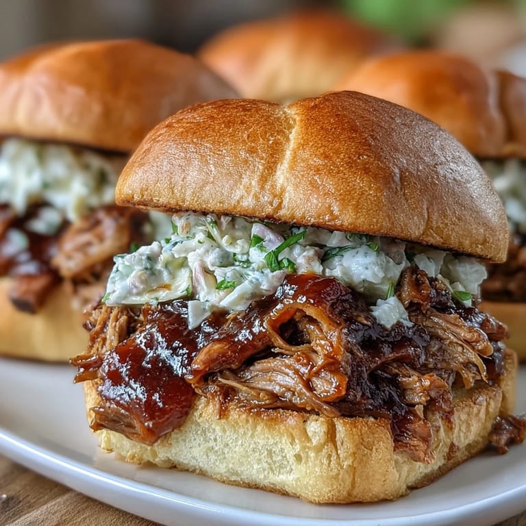 Tender pork shoulder slow-cooked in rich BBQ sauce, served on slider buns for easy party appetizers.