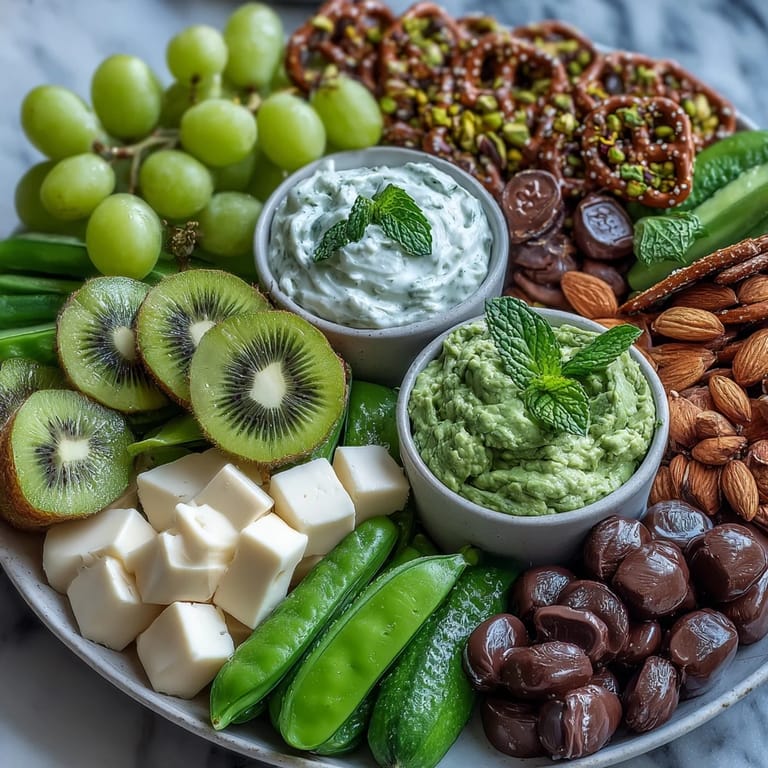 Vibrant green-themed St. Patrick's Day Treats Board with guacamole, cheese, veggies, and sweet candies perfect for sharing.