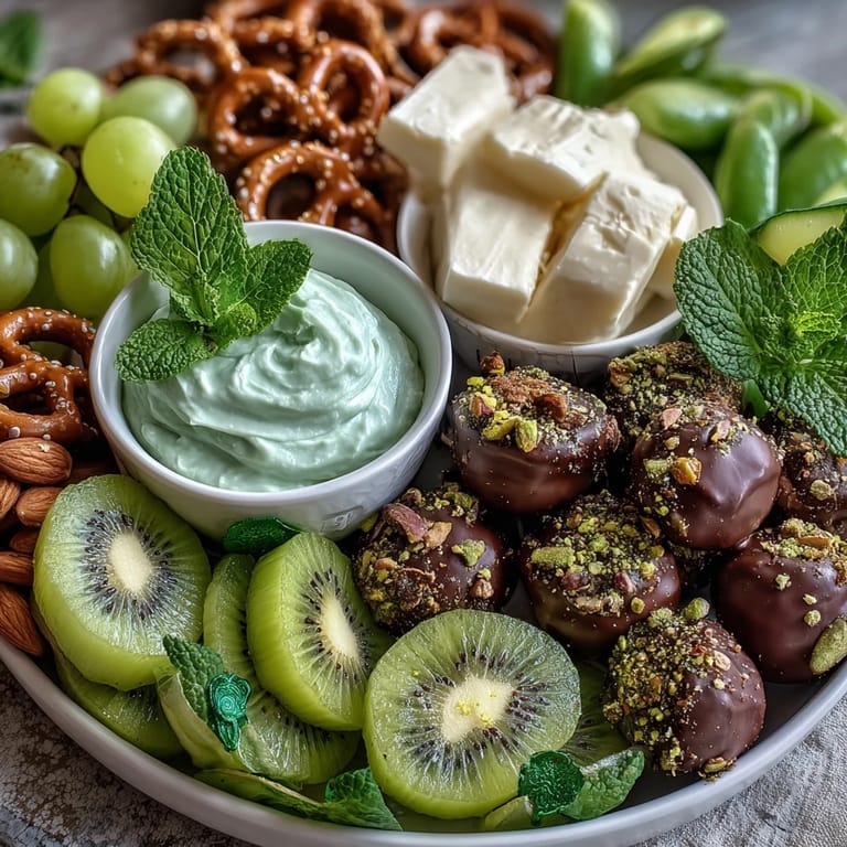 Colorful St. Patrick's Day snack board featuring kiwi, cucumber, green grapes, and minty candies for a festive holiday spread.  