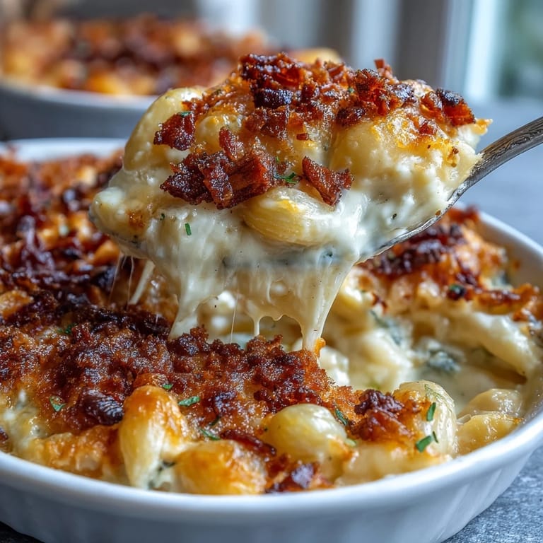Creamy baked macaroni and cheese with smoky bacon crumb topping, served hot from the oven in a rustic casserole dish.