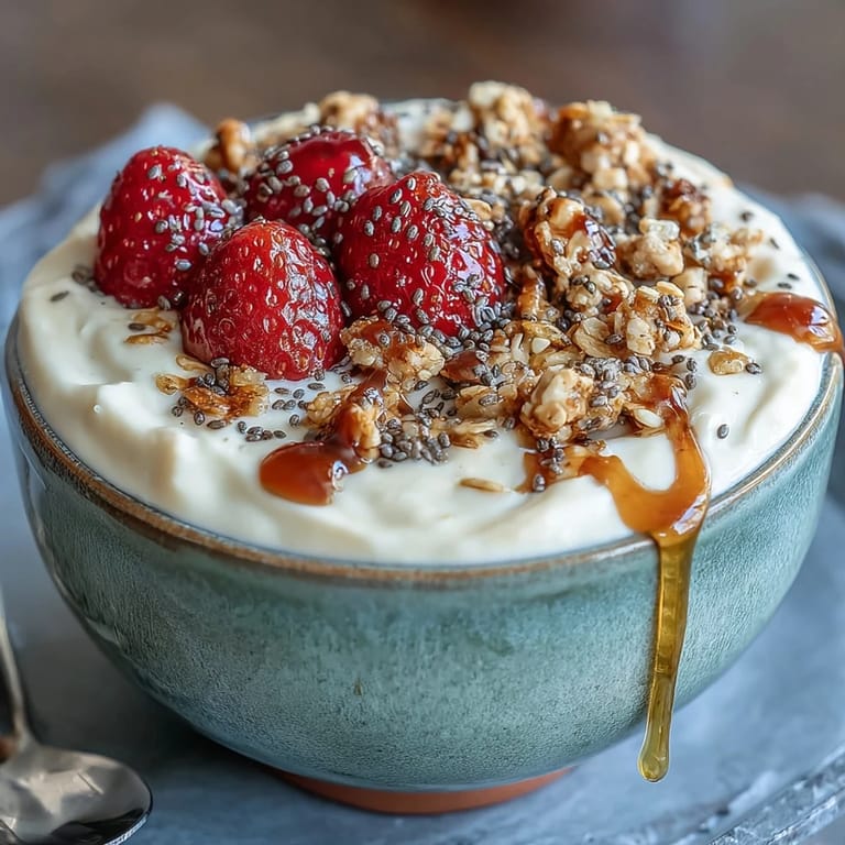 Protein-rich cottage cheese bowl layered with juicy strawberries and nutty granola, drizzled with honey for a satisfying breakfast.