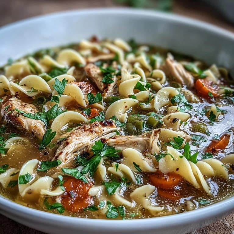 Hearty Chicken Run One-Pot Chicken Noodle Soup featuring tender chicken, colorful veggies, and soft noodles in a rich, flavorful broth.