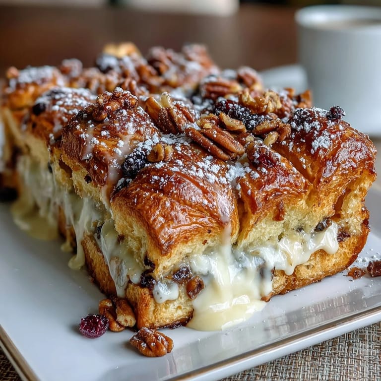 Luscious croissant French toast casserole layered with berries, dusted with powdered sugar.