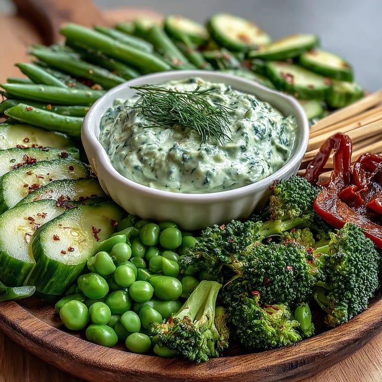 Vibrant green snacks board with fresh vegetables and avocado ranch dip for parties.