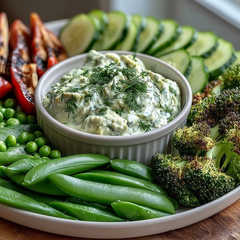 Colorful veggie platter featuring crisp cucumber, snap peas, and creamy avocado ranch dip.  