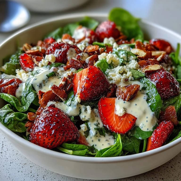 Vibrant spinach salad with juicy strawberries, toasted nuts, and tangy poppyseed dressing for a refreshing bite.  