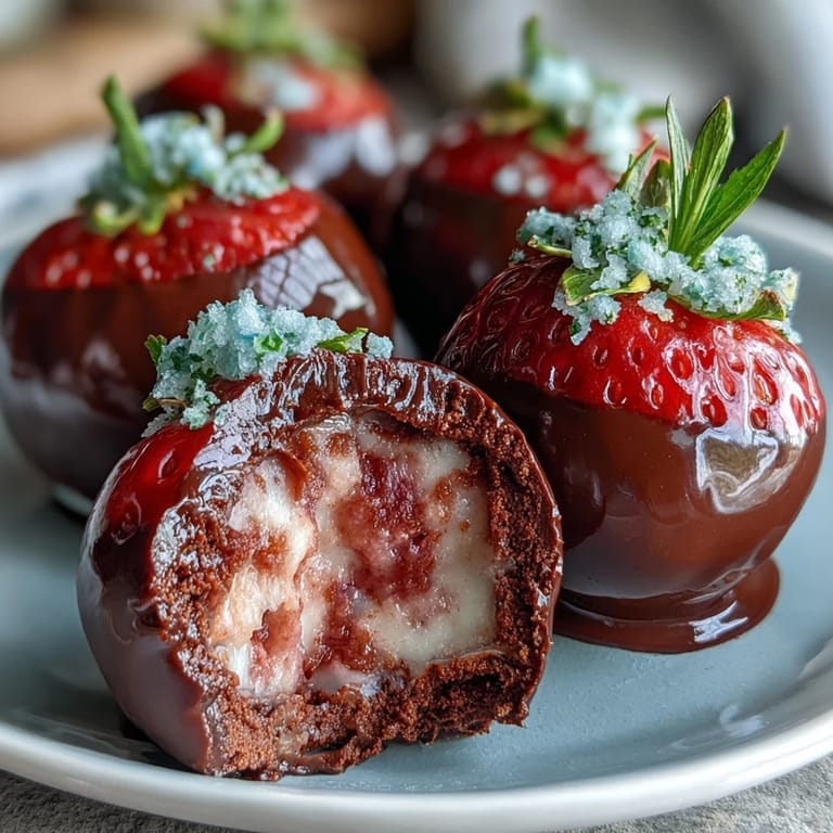 Luxurious Dubai-inspired strawberry truffles, bite-sized and rich, coated in glossy dark chocolate with a hint of rosewater.