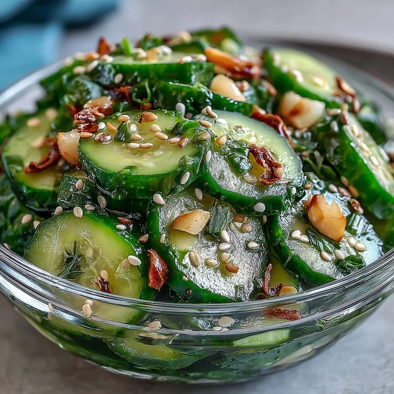 Thinly sliced cucumbers tossed in tangy sesame rice vinegar dressing, a light and flavorful Asian-inspired salad perfect for picnics or barbecues.