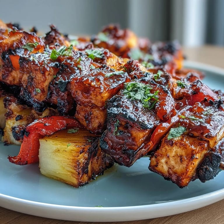A close-up view of a grilled pineapple and chicken skewer showing charred edges and honey glaze.