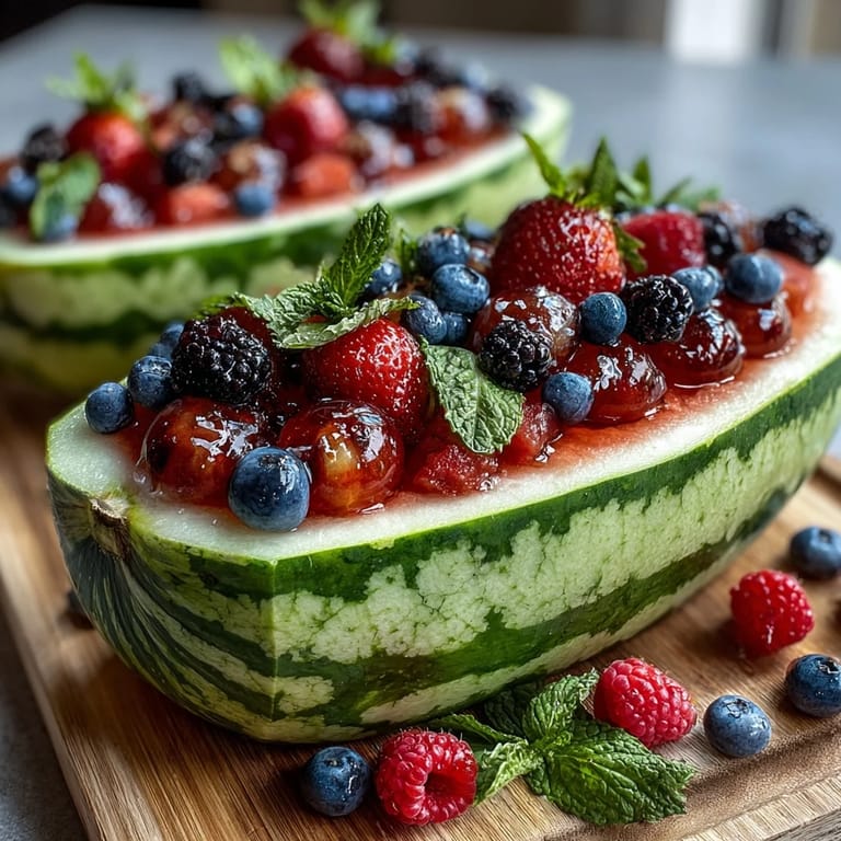 Elegant watermelon carving board artfully arranged with mixed berries, mint, and lime for a festive, healthy appetizer.