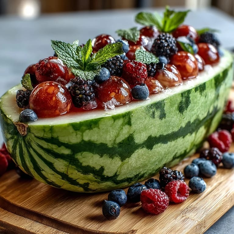Stunning carved watermelon centerpiece filled with juicy berries, a refreshing and colorful fruit platter for gatherings.