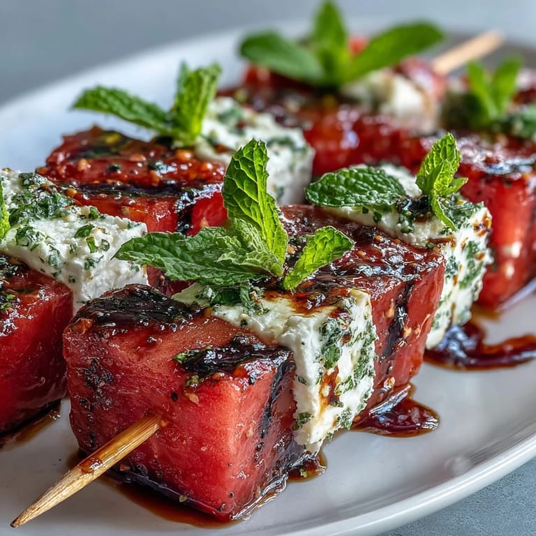 Sweet watermelon, tangy feta, and cool mint create vibrant skewers, ideal for warm-weather gatherings.
