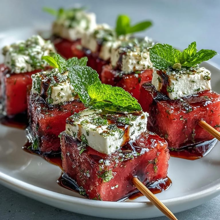Colorful watermelon feta mint skewers drizzled with olive oil, perfect for light party snacks.  