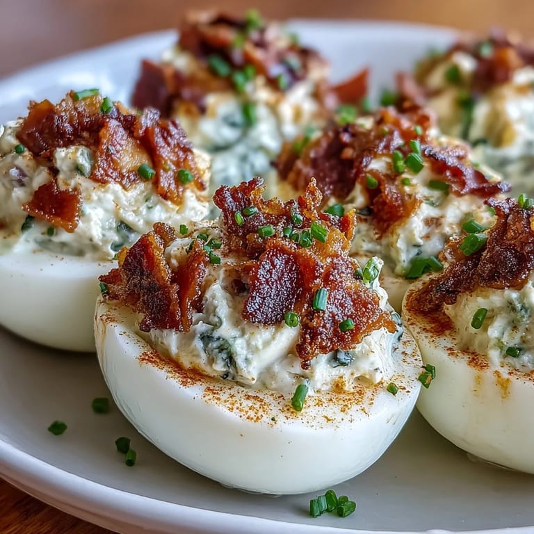 Classic deviled eggs elevated with smoky bacon and tangy ranch dressing, garnished with chives and a paprika dusting.