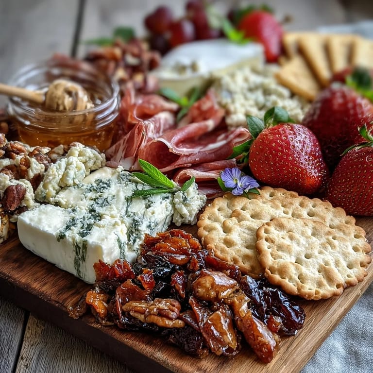 A vibrant charcuterie board featuring cured meats, cheeses, fresh fruits, and edible flowers for an elegant spring appetizer.