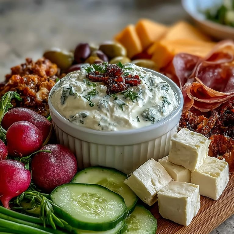 Elegant spring charcuterie board with sliced meats, fresh produce, and herb dip—ideal for garden parties or brunch gatherings.