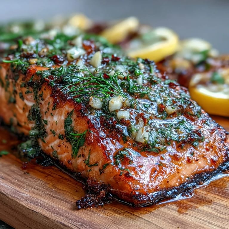 Garlic Dill Cedar Plank Salmon, infused with citrus and herbs, served on a rustic cedar plank with lemon slices.