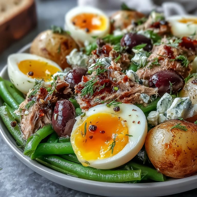 Colorful Spring Niçoise Salad artfully arranged with tuna, potatoes, and eggs.