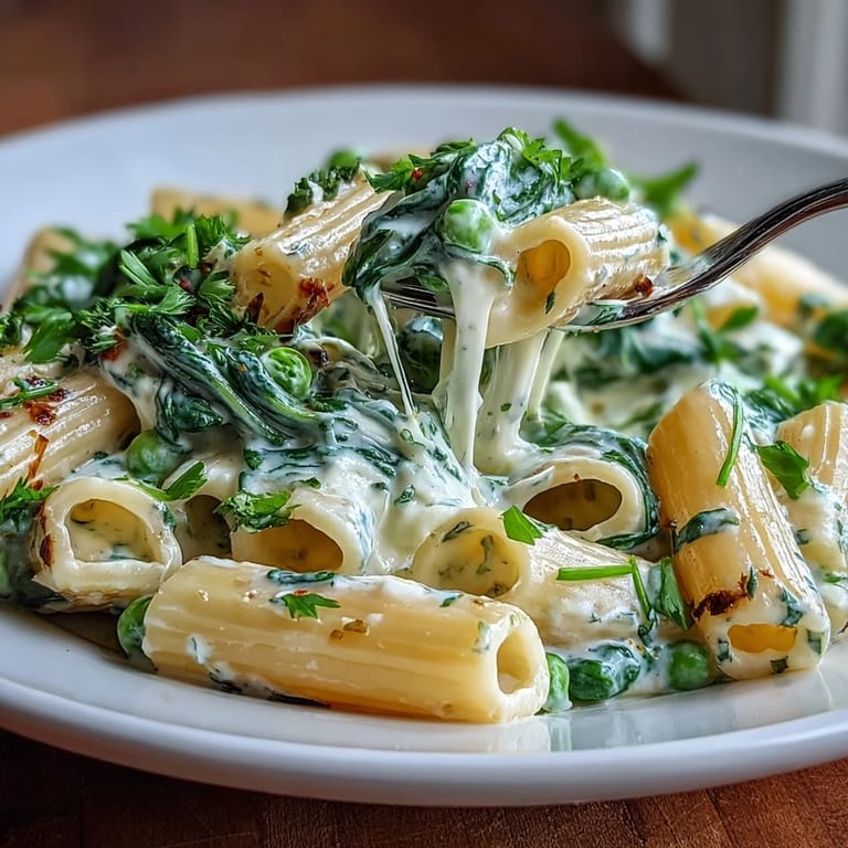 Vibrant vegetarian pasta dish featuring tender penne, ricotta cheese, and green peas in a zesty lemon sauce.  