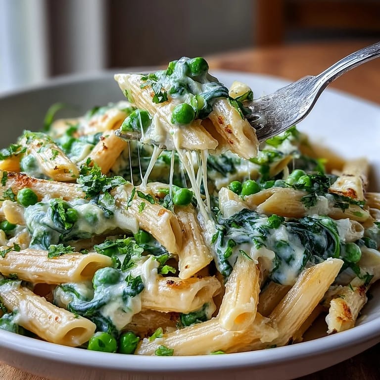 Easy one-pot meal with al dente pasta, creamy ricotta, sweet peas, and wilted spinach, finished with Parmesan.