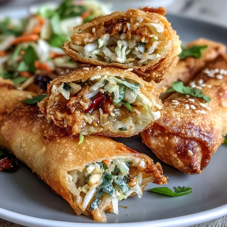 Crispy spring rolls, golden brown and inviting, with savory peanut sauce.