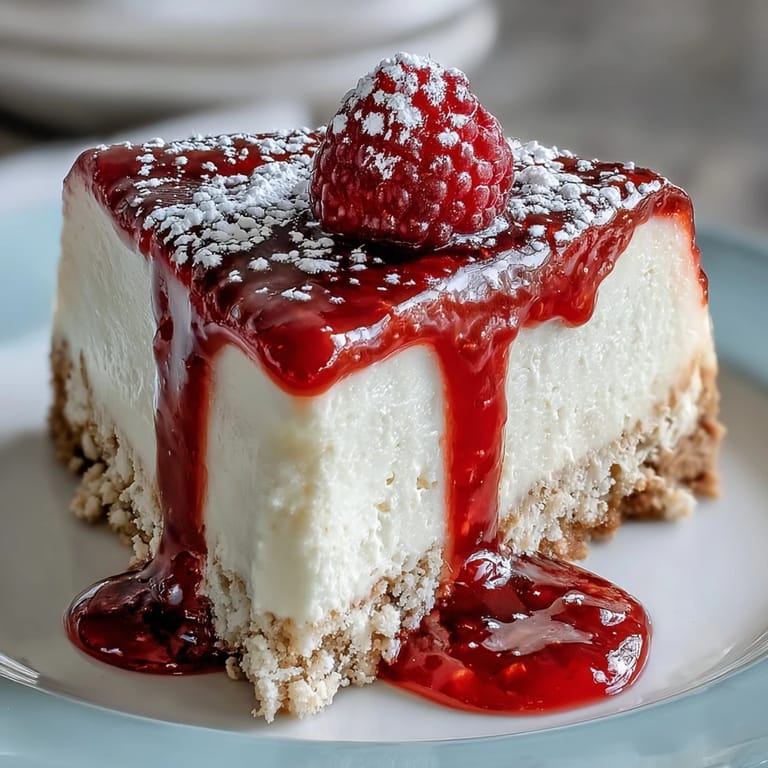 Creamy cheesecake filling layered over crisp biscuit crust, topped with tangy raspberry coulis in this easy Mother's Day treat.