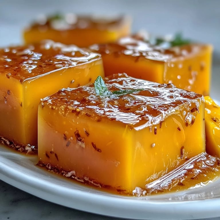 Silky mango and coconut milk layers set into tender agar-agar cubes, offering a refreshing tropical treat.