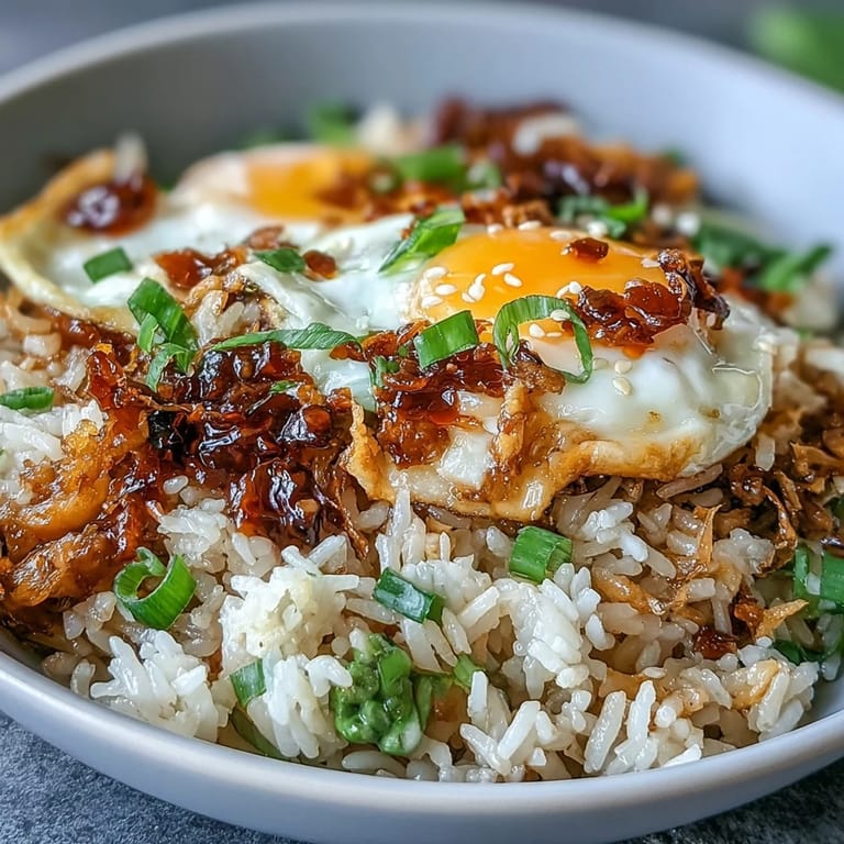 Enjoy homemade Chili Crisp Egg Fried Rice, topped with extra chili bits!