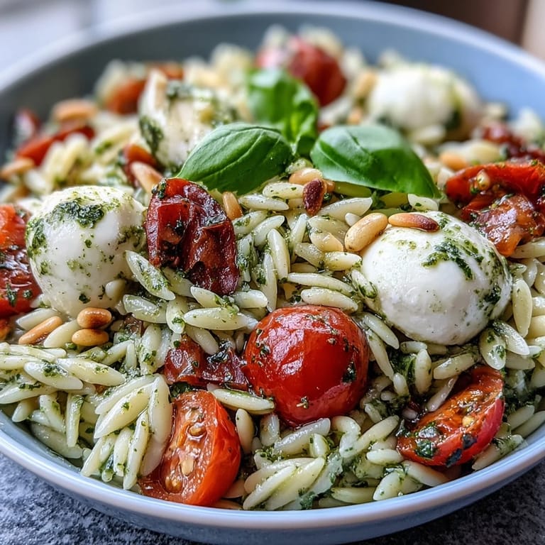 A close-up of Cold Pesto Orzo Salad, showcasing creamy cheese and fresh herbs.