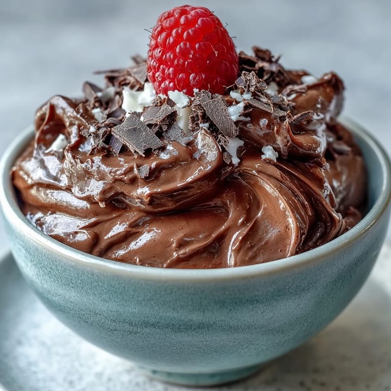 Creamy cottage cheese chocolate mousse chilled and ready to serve with whipped cream.